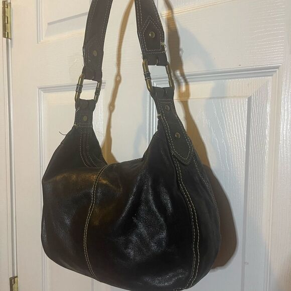 Wilson leather Black Leather Hobo Bag stitching accents & antique tone hardwares - Picture 5 of 14